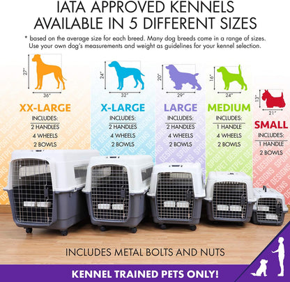 SportPet Designs Plastic Kennels Rolling Plastic Airline Approved Wire Door Travel Dog Crate, XXX-Large, Gray