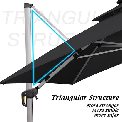 12ft Solar LED Patio Umbrella Outdoor Round Umbrella Large Cantilever Umbrella with LED Lights Windproof Bias Umbrella Heavy Duty Parasol for Garden Deck Pool Patio
