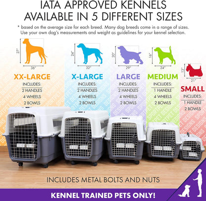 SportPet Designs Plastic Kennels Rolling Plastic Airline Approved Wire Door Travel Dog Crate, XXX-Large, Gray