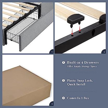 Allewie Upholstered Queen Size Platform Bed Frame with 4 Storage Drawers and Headboard